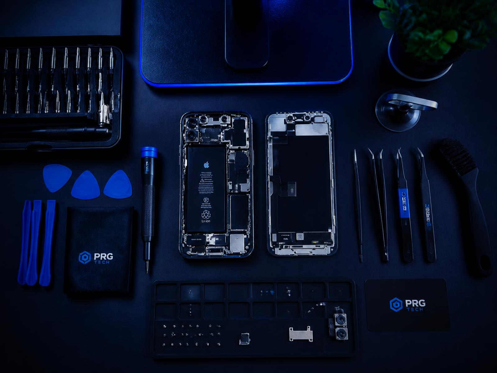 Werkbank mit Werkzeug und geöffnetem Smartphone bei einer Reparatur